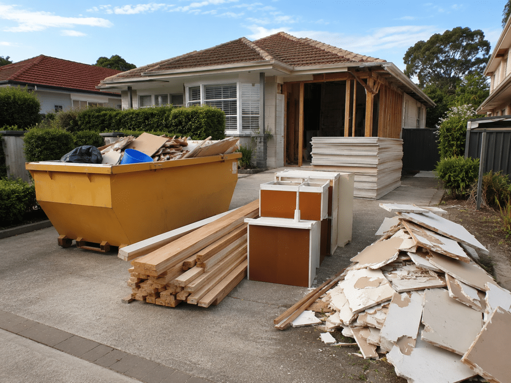 A house under renovation with a yellow dumpster, piles of wood, old cabinets, and debris stacked in the driveway. Part of the house is exposed, showing construction work in progress.